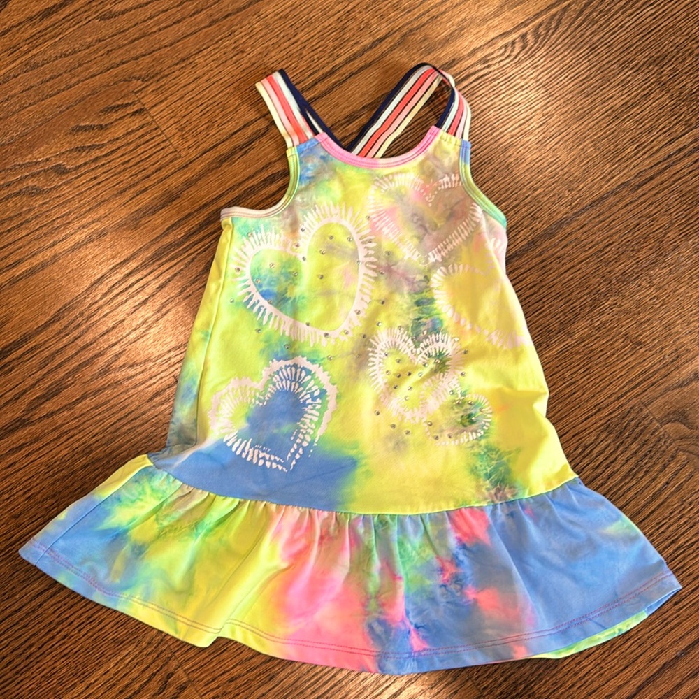 Sara Sara Drop Waist Heart Print Tie-Dye Dress W/Strap Trim Detail- size 3T